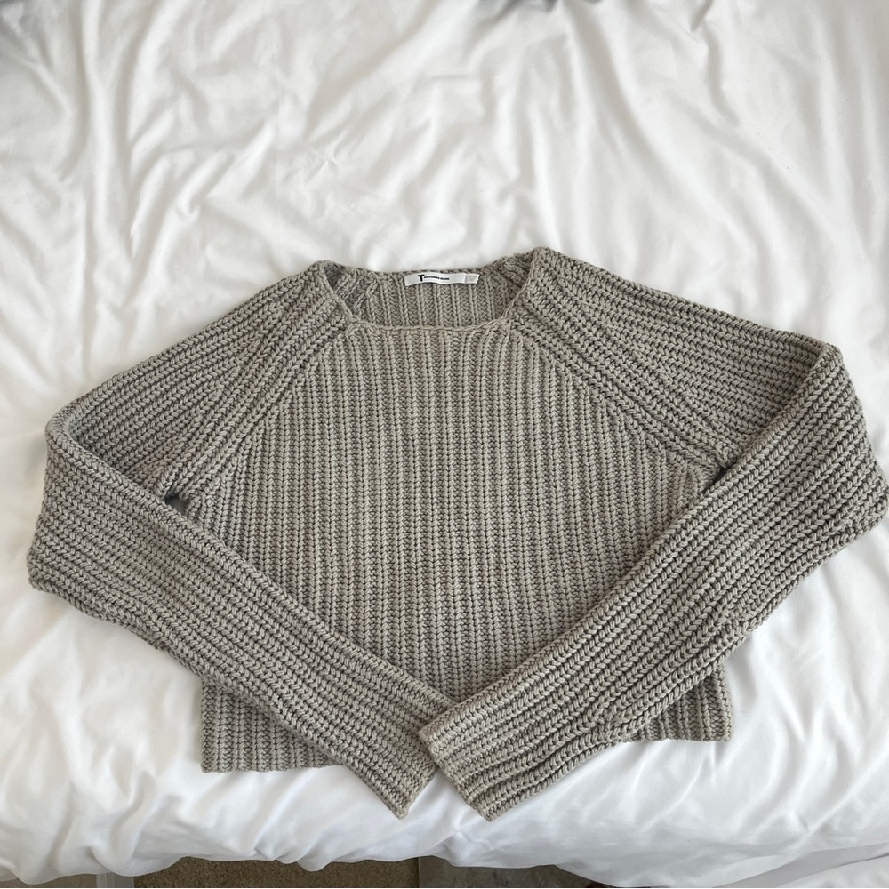 Alexander Wang cropped, Heather grey, crewneck, cable-knit sweater, size S